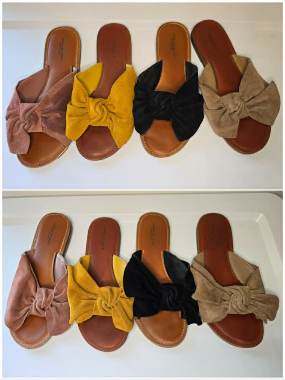 American Eagle Bow Slide Sandals - Pink, Yellow, Black, Tan - All 4 Pairs